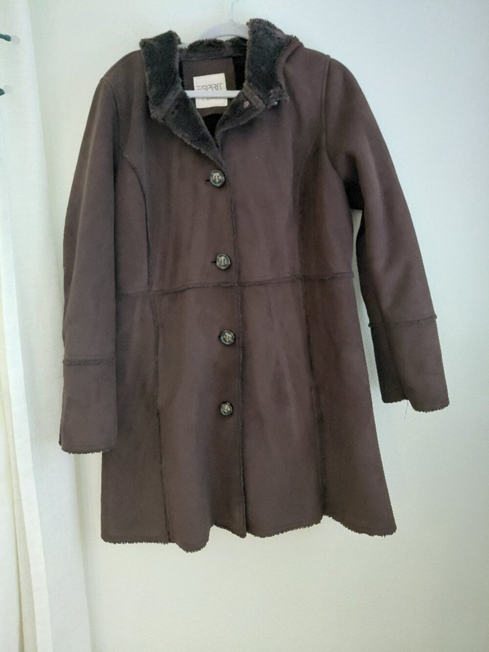 Esprit Faux Fur Brown Shearling Lined Coat Hooded Y2K XL